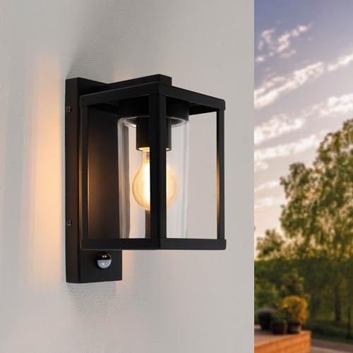 Ledvion - LED Wandlampe Mit Sensor, E27 Fassung, IP44, Schwarz & Quadrat, Außenlampe, Außenbeleuchtung