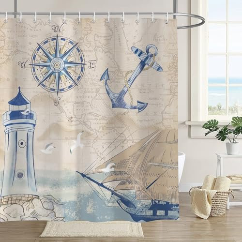 ZCHOMI Nautical Shower Curtain Sailboat Lighthouse Compass Anchor Ocean Beach Shower Curtain for Bathroom Waterproof Polyester Fabric Bathroom Curtain 72 x 72 Inch with 12 Hooks
