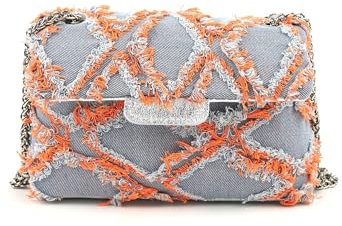 OBC Made IN Italy Damen Vintage Jeans Denim Leder Tasche Kettengriff Umhängetasche Clutch Jeanstasche Schultertasche Umhängetasche Gesteppte Used Look Cross Over Body Bag Orange