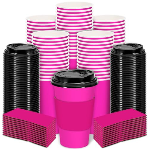 Whaline 80 Set Hot Pink Disposable Coffee Cups with Lids and Sleeves Pink Girl Paper Drinking Cups for Birthday Wedding Party Supplies