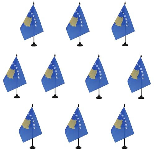 AZ FLAG - Lot de 10 Drapeau De Table Kosovo 21x14 cm - 10 Petits Drapeaux Kosovard De Bureau 100% Polyester Avec Hampe De 25cm Et Socle En Plastique Noir
