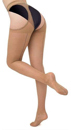 Couture Suspender Tights for Women - Crotchless Mock Suspender Sexy Open Crotch Seamed Tights Stockings - Medium - Natural/Black seam