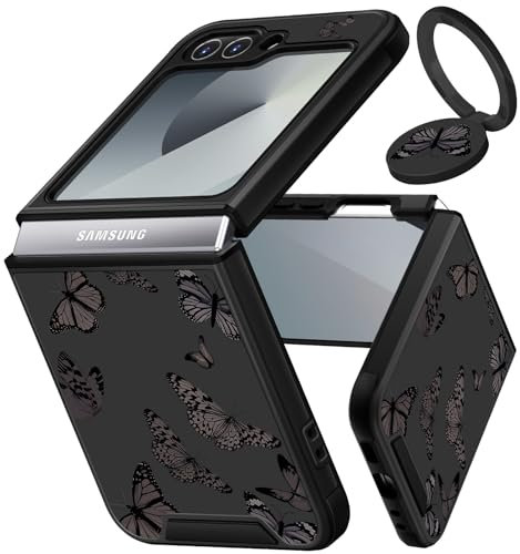 VincitoreModa for Samsung Galaxy Z Flip 6 Case - [2in1] Women Cute Girls Butterfly Phone Cover Ring Holder Stand Unique Girly Fashion Aesthetic Slide Camera Cover Design for Samsung Z Flip 6 Case