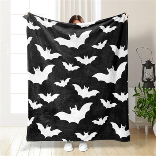 Hixingo Halloween Decke Kuscheldecke Gemütliche Weiche Decke Flanelldecke Wohndecke mit Halloween-Fledermaus-Silhouette Druck, als Sofadecke Bettüberwurf - Halloween Deko (Schwarz,130x150cm)
