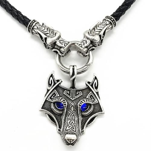 Mode Blaue Augen Wolf Talisman Schmuck Steampunk Wolf Köpfe Leder Kette Männlich Anhänger Halskette Wikinger Accessoires Prezzie