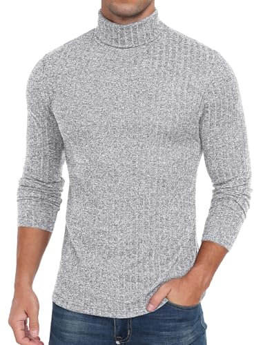 Sailwind Long Sleeve T-Shirt Mens Turtle Neck Tops Ribbed Knitted Shirt Knitwear Long Sleeved Skin-Friendly Basic Cozy Solid Colour Autumn Winter Tops (Grey, L)