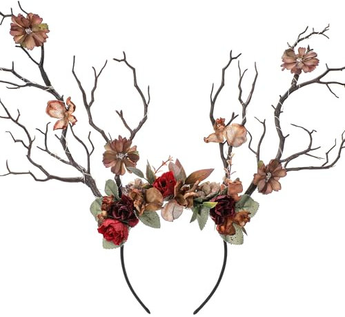 MOSTORY Bandeau de branche de forêt verte - Bandeau de forêt de fées avec fleurs - Chapeau de bois de cerf floral pour femme - Costume de sorcière Renaissance - Tenue renfaire, séance photo cosplay