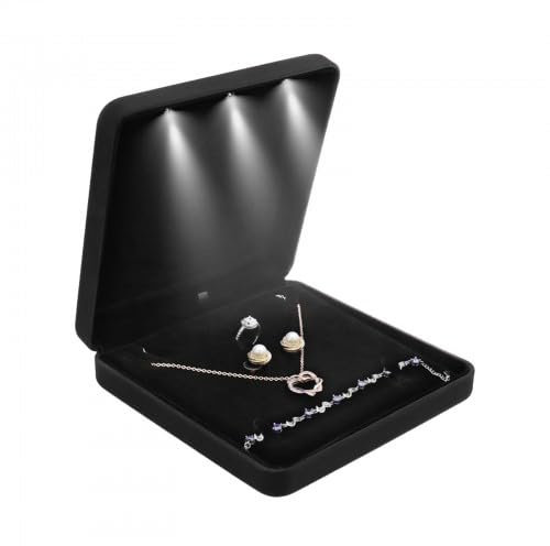 Shengxi Samt Groß Halsketten Box, Led Licht Schmuckschatulle Samt Schmuckschatulle Geschenkboxen Set Schmuckdisplay mit LED für Frauen Schmuck Halskette Ohrring Ring Hochzeit Schmuck (Schwarz)
