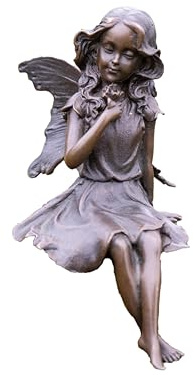 Generisch Bronze-Skulptur Kantenhocker Sitzende Fee | mit Blume in der Hand | 13x8x15cm | Fabelfigur aus Bronze | handgefertigt