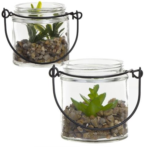 ROCKING GIFTS Set de x2 Bote de Cristal con Asa Pequeño con Cactus Artificial, Decoración Hogar, Planta Interior o Terraza, 6cm