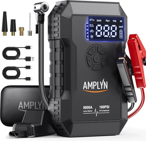 Auto-Starthilfe mit Luftkompressor, 160 PSI, 5000 A, 60 W, tragbares Starthilfe-Set (alle Gas/10 l Diesel), 12 V Starthilfebox mit Überbrückungskabeln, Typ C Schnellladung, 3 Modi-Licht