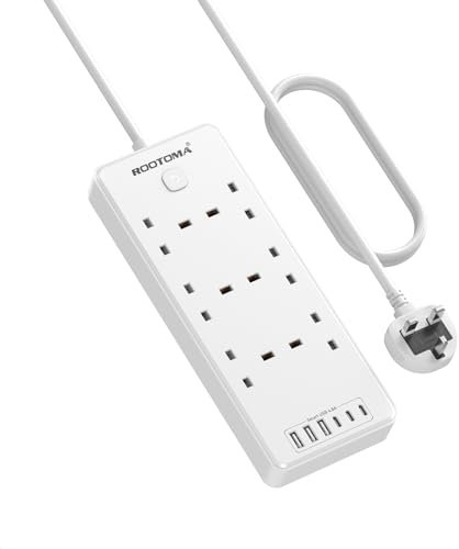 Extension Lead with 6 USB Slots (3 USB C), 6 Way Surge Protection Extension Sockets 2M with Switch, Wall Mounted Multi Plug Power Strip for Home Bedroom Kitchen Office, White
