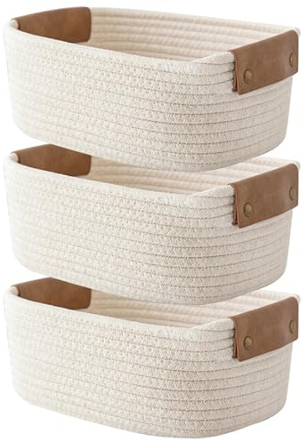STARVAST 3 Stueck Baumwollseil Aufbewahrungskorb, weisser geflochtener Korb 28 x 22 x 11 cm mit braunem Ledergriff, kleiner Korb zur Aufbewahrung fuer Regal, Tisch und Kommode