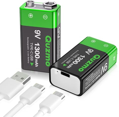 9V Wiederaufladbare Akku, 1300mAh Lithium-Ionen 9 Volt Block Batterien Schnellladung über USB-C ideal für Rauchmelder, Feuermelder, Multimeter (2 Stück)