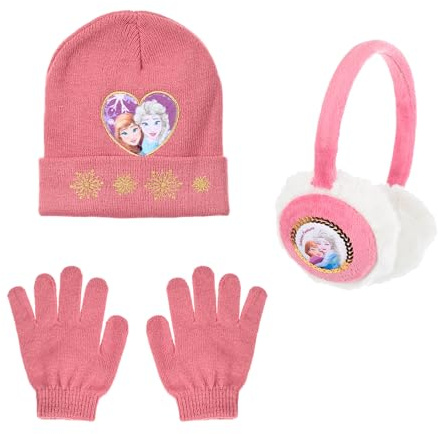 Disney Frozen Mütze, Handschuhe und Ohrenschützer für Mädchen, Winterhut für Kinder mit Glitzerndem Design, Geschenk für Mädchen