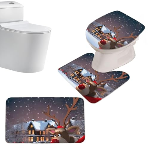 Christmas Toilet Mat Set of 3 Pieces Bath Mat Christmas Toilet Seat Cover Non-Slip Polyester Absorbent Toilet Cover Washable Seat for Winter Parties