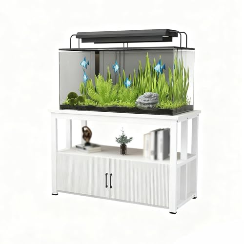 Aquariumschrank aus Holz, Kombi-Set für Aquarien, mehrstöckiger Aufbewahrungstisch für Wohnzimmer und Heimbüro, Metallrahmen, 50 x 30 cm, Weiß / Schwarz