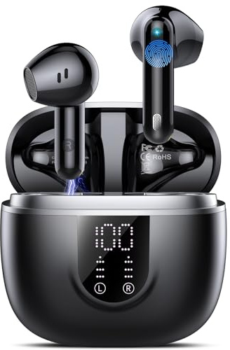 Ecouteurs Bluetooth sans Fil, Écouteurs Bluetooth 5.4, 4 ENC Réduction Bruit Mic, HiFi Stéréo, 45H de Lecture, Casque Contrôle Tactile, Écran LED, IPX7 Étanche Sport Oreillette pour iOS Android, Noir