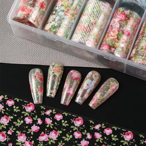 Tastetreasure 10 Rolls Flower Nail Foil Transfer Stickers, Spring Watercolour Rose Floral Nail Art Supplies, Starry Sky Transfer Paper for Gel Nails, DIY Manicure Decoration Kit