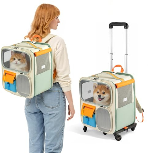 GoDyna 2 in 1 Haustier Rucksack mit Rollen Faltbare Transporttasche für Katze und Hund Trolley Tragetasche aus Oxford Gewebe mit abnehmbarem Teleskopgriff bis 12.5 kg