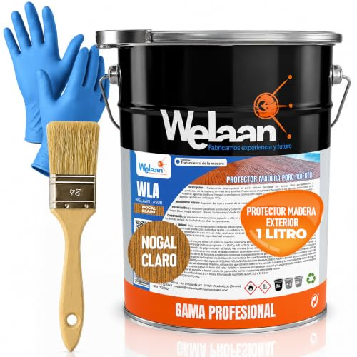 Lasur Protector Madera Exterior - Lasur Barniz Madera Exterior a Poro Abierto,Tarimas, Puertas, Vallas y Muebles - Barniz Madera Exterior Impermeabilizante, Resistente UV y Humedad (Nogal Claro, 1L)