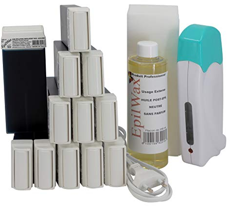 EpilWax Wachswärmer Waxing Set für Enthaarung Haarentfernung - Mit 12 Azulene Roll On Wachspatronen, Waxing Gerät, 100 Vliesstreifen und Nachbehandlungsöl