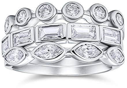 Ensemble de 3 bagues de mariage empilables en zircone cubique géométrique baguette marquise ronde pour femmes en argent sterling .925
