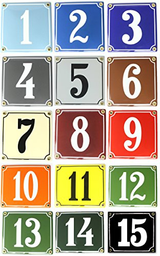 Bunte Emaille Hausnummer 1-5 stellig 16 verschiedene Farben und 5 Schriften Wunschzahl Wunschtext Buchstaben (2-stellig 14x12 cm)