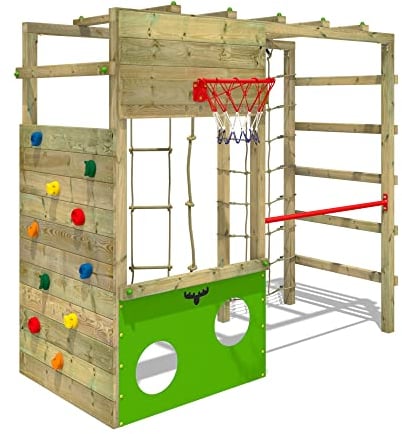 Fatmoose Aire de Jeux Portique d'escalade CleverClimber Club XXL, extérieur Enfants Tour d'escalade avec Barre Fixe, Filet à Grimper, Panier de Basket, Corde à Grimper & Mur d'escalade - Vert Pomme