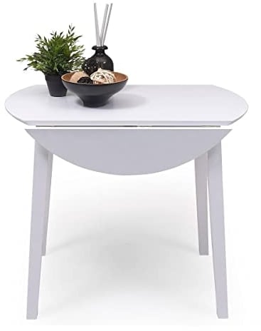 Homely | Ausziehbarer runder Küchen- oder Esstisch – Dallas | Hilfstisch | Einfaches und modernes Design | DREI anpassbare Größen | Weiß lackiertes Holz | 90 cm Durchmesser 17,5/55/17,5 cm