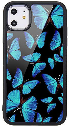 MAYCARI Blue Butterfly Pattern Design Case for iPhone 11, Aluminum Plate Back Case with Soft TPU Bumper Phone Case Cover for iPhone 11