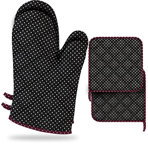 LEFUNDA® Set di 4 Guanti da Forno e Presine, Cotone, Resistenti al Calore, Guanti da Griglia, Guanti da Forno per Cuocere Antiscivolo, Presine in Cotone per Arrostire, Cucinare, BBQ, Morbida (Nero)
