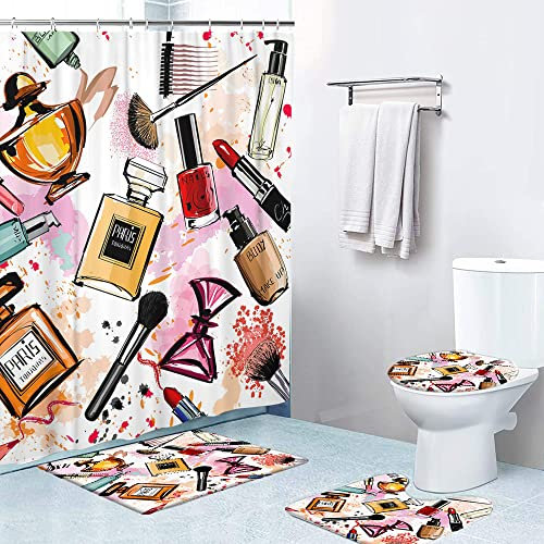 LOKMU 4-teiliges Duschvorhang-Set mit rutschfesten Teppichen, WC-Deckelbezug und Badematte, Aquarell-Kosmetik, wasserdichter Duschvorhang mit 12 Haken, Badezimmer-Dekor-Sets, 182,9 x 182,9 cm