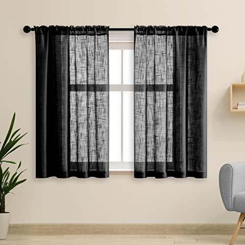Vorhänge, für Küchenfenster, mit Stangendurchzug, lichtfilternd, aus künstlichem Leinen, halbtransparent, für Schlafzimmer oder Bad, 91 x 122 cm (B x L), 2er-Set, Schwarz