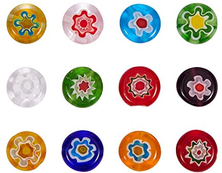 Ipotkitt Millefiori Lampwork Glasperlen, flach, rund, handgefertigt, 2 Stränge
