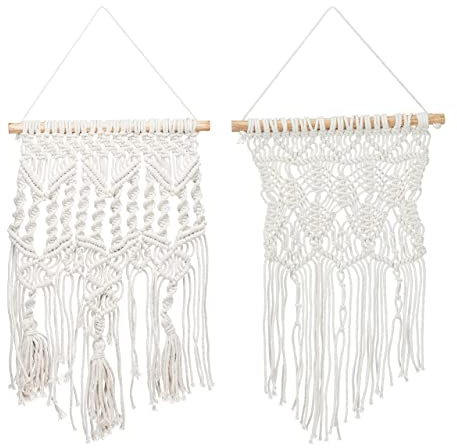 Relaxdays Makramee Wandbehang, 2er Set, handgefertigt, Boho Style, Wanddeko, 2 Muster & Größen, Baumwolle & Holz, creme