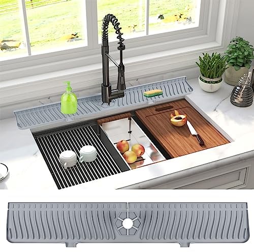 Derlights 30 inch Sink Splash Guard Mat,Silicone Faucet Handle Drip Catcher Tray, Longer Silicone Sink Mat for KitchenBathroom, Drip Protector Splash Countertop (gray)