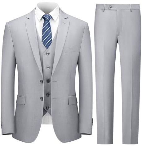 Cooper & Nelson 3 Piece Mens Suit Set, 2 Button Slim Fit Suit for Men, Jacket, Vest, Pants and Tie Light Grey M
