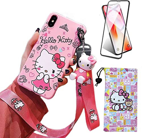 Ealievor Compatible with iPhone X/iPhone Xs Case with Screen Protector, Cartoon Cute Funny Kawaii Cat Kitty Animal Character Phone Case Silicone Lanyard 3D Cover Case for Kids Girls and Womens