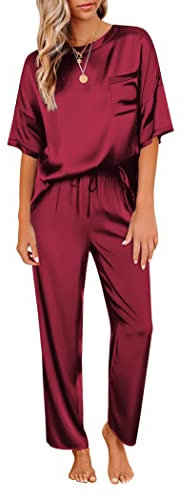 Ekouaer Vetement Femme Ete Manche Courte Ensembles de Pyjama Manche Courte Pantalon Toutes Les Saisons 2 Pièces Chic, Vin Rouge, XXL