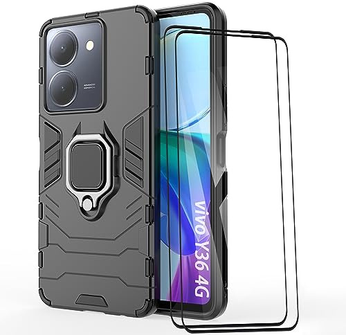 ESTH® Case for vivo Y36 4G with 2 Pack Screen Protector, [360° Rotating Stand] [Military Grade Anti-Fall Protection], Cover Compatible with Magnetic Car Mount, Black