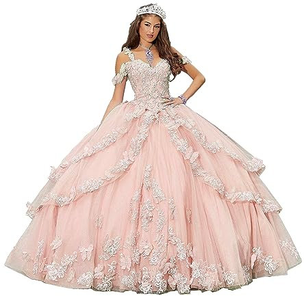 CLcaojun Robe de bal brodée Robes de Quinceanera à plusieurs niveaux Doux 16 Robe de princesse de soirée de bal, Rose nacré, 48