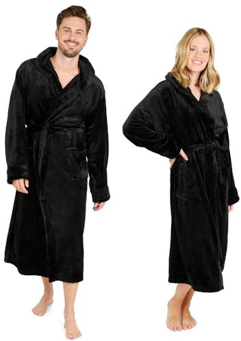Blumtal Bademantel Damen & Herren L - OEKO-TEX zert. Morgenmantel mit Kapuze, extra saugstark, weich, für Sauna, Schwarz