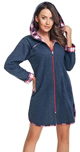DOROTA trendiger und gemütlicher Damen Baumwoll-Bademantel, made in EU, verschiedene Ausführungen, dunkelblau-kariert, Gr. XXL