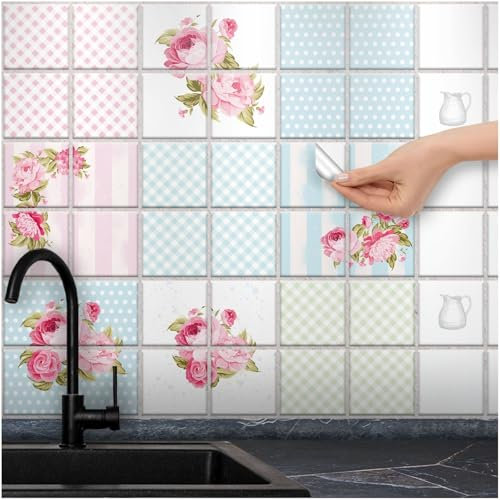 FoLIESEN Fliesenaufkleber für Bad, Küche, Badezimmer - Fliesen-Folie selbstklebend - Deko-Aufkleber - Shabby-Chic-Collage, .:10x10 cm - 36-tlg.