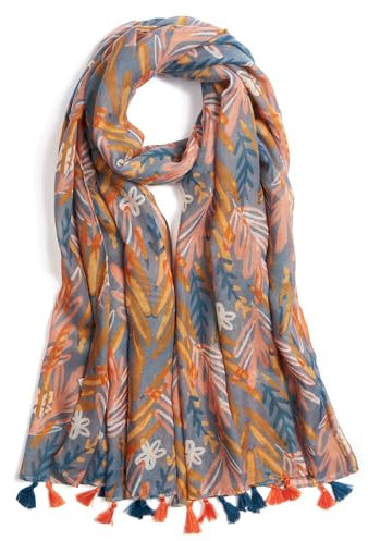 QIUTIMIY Schals für Damen Dünn Blumenmuster Bunte Schals und Tücher Halstuch mit Quasten für Frühling Sommerschal(Blätter-Orange Blau)