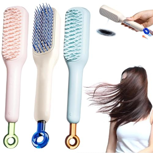 Self-Cleaning Anti-Static Massage Comb,Selbstreinigender Antistatischer Massagekamm,Self Cleaning Hair Brushselbstreinigende Haarbürste,Selbstreinigender Antistatischer Massagekamm (Pink+Blue+White)