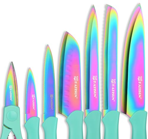 KATISUN Knife Set 7-Piece, Vibrant Colors, Japanese Steel Blades, Ergonomic Handles - Long-Lasting and Razor Sharp Kitchen Knife Set