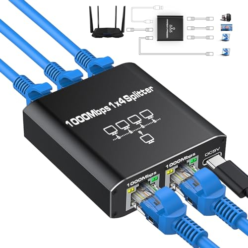 AXFEE Lan Splitter 1 auf 4 1000Mbps, Gigabit Ethernet Splitter 1 in 4 Out, Lan Switch 4 Port, RJ45 LAN Verteiler Netzwerk Verlängerungen Stecker für Computer, Router, Set-Top Box (mit Typ-C Netzkabel)