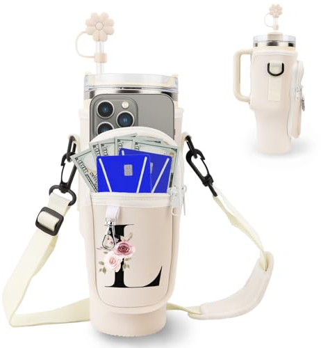 Initial Personalized Water Bottle Bag for Stanley 40oz Tumbler,with Phone Pocket,Neoprene Water Bottle Carrier with Adjustable Strap and Straw Cover & Carabiner,for Stanley Cup Accessories (L)